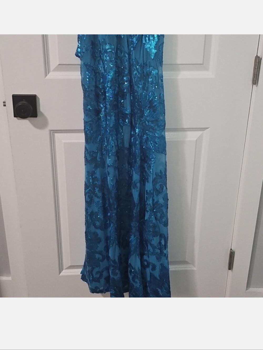 B Darlin Teal Sequin Spaghetti Strap Evening Gown with Thigh Slit - Picture 3 of 4